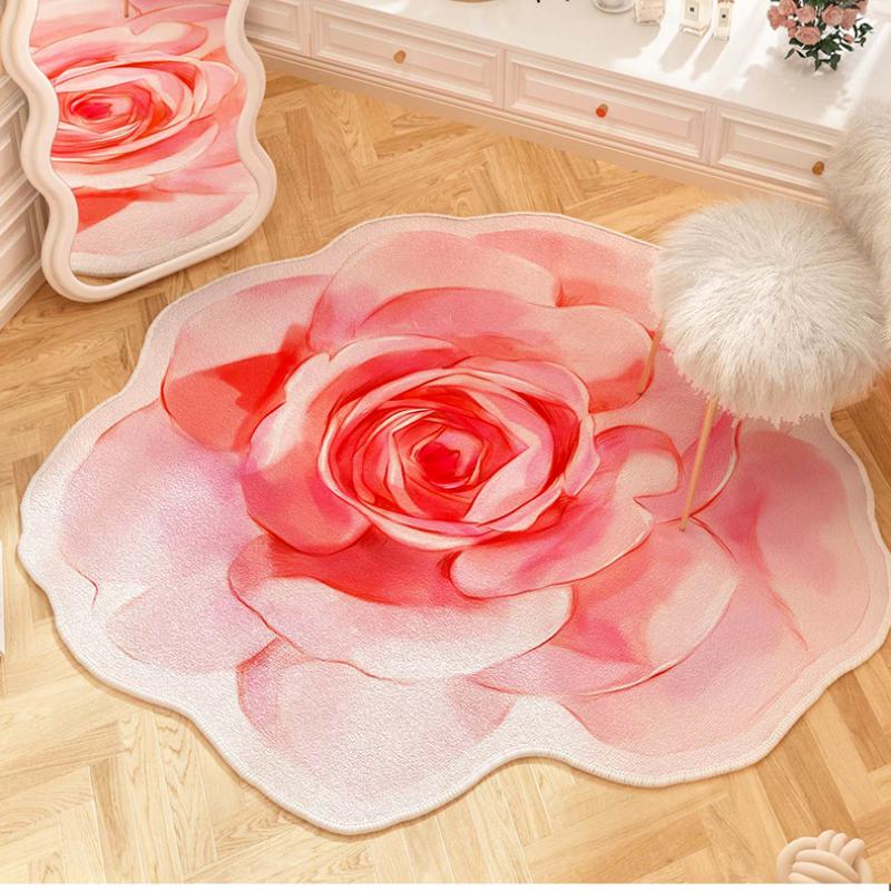 Französische Stil Wohnzimmer Dekoration Blumen Teppich Leichter Luxus Spiegel Bodenmatte Mädchenhafter Teppich für Schlafzimmer Zuhause Unregelmäßige Form Teppich