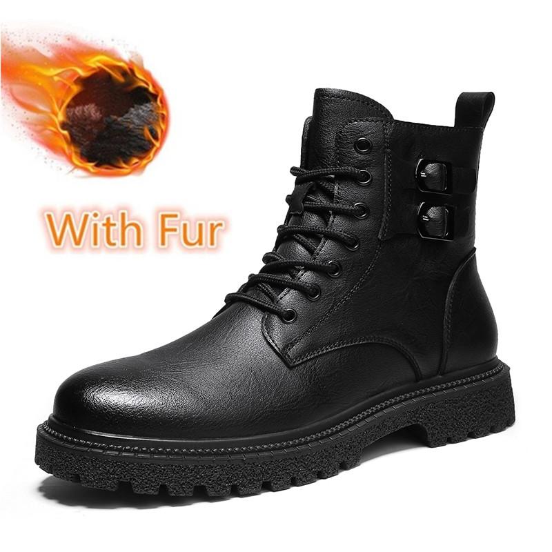 Men Fashion Party Nightclub Motorcycle Boots Handsome Platform Handmade Shoes Cow Leather Winter Warm Snow Boots Black Man Shoes