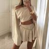 Lässiges Baumwoll-Leinen Langarm-Oberteil und Shorts Set für Damen
