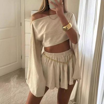 Casual Cotton Linen Long Sleeve Top and Shorts Set for Women