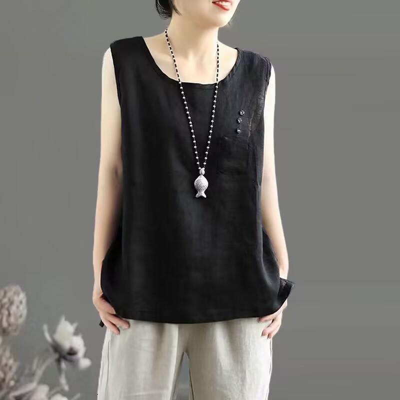 Cotton and linen pure cotton vest women's solid color splicing and thin sleeveless crew neck shirt versatile suspender vest spring and summer women