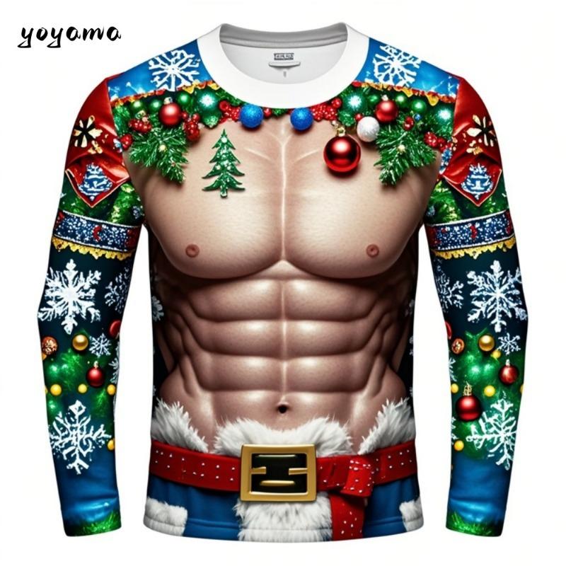 Zabawne brzydkie koszulki z nadrukiem 3D z fałszywymi mięśniami Świętego Mikołaja Xmas Męskie Damskie Koszulki z długim rękawem Moda Oversize Świąteczna odzież męska