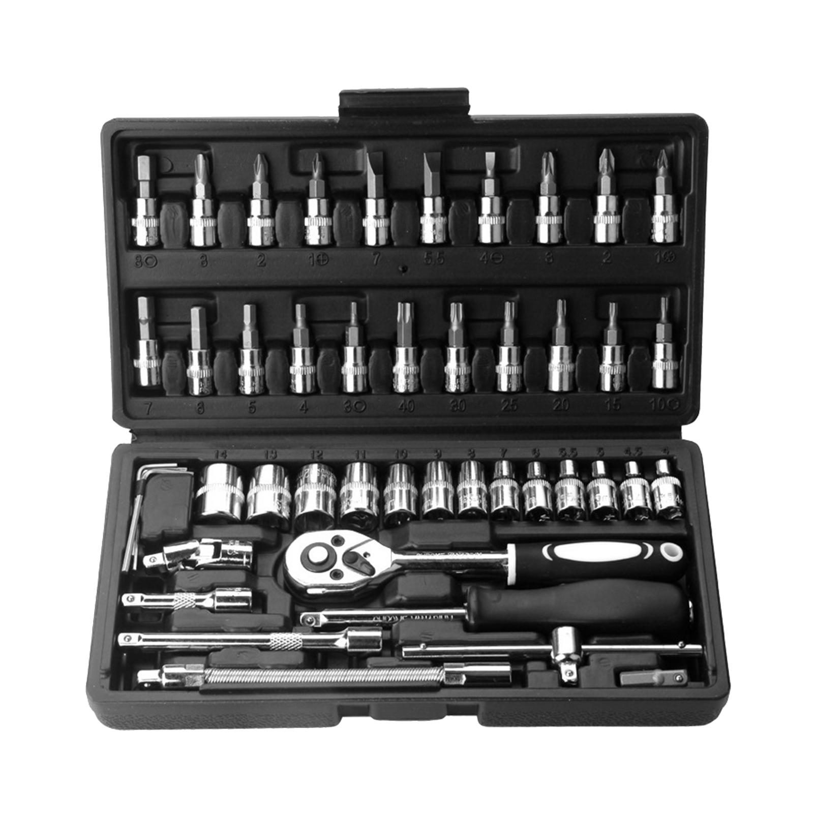 

53 шт., набор гаечных ключей и торцевых инструментов, 1/4-дюймовый набор для ремонта отверток, комбинированная головка 46pcs & Black Toolbox