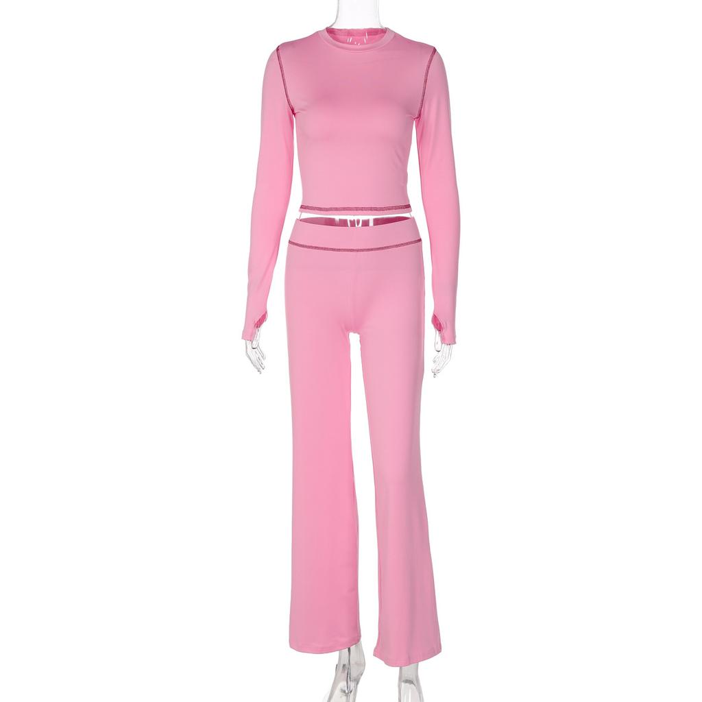 Damen Europäischer Stil Einfarbige Langarm Rundhals Schlanke Passform Lange Hosen Zweiteiliges Outfit