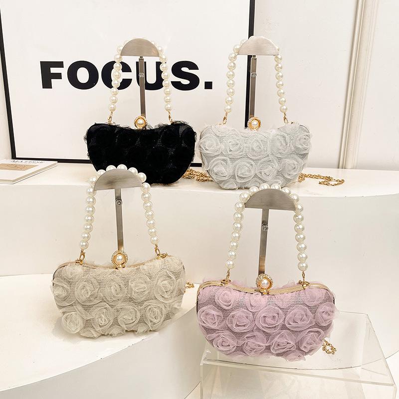 New Lace Flower Evening Bag Pearl Chain Clip Shell Bag Women Crossbody Bag