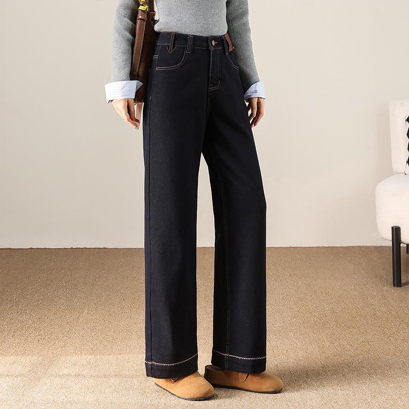 Winter 2025 Velvet Denim High-Waisted Slim-Fit Straight-Leg Pants for Women - Trendy, Casual, and Narrow Version.