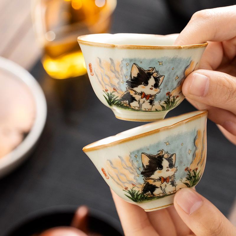 Ru Klin Cute Hand Painted Cat Teacup Ceramic Retro Porcelain Tea Cup Master Cup Tasting Mug Chinese Kung Fu Japanese Tea Teaware