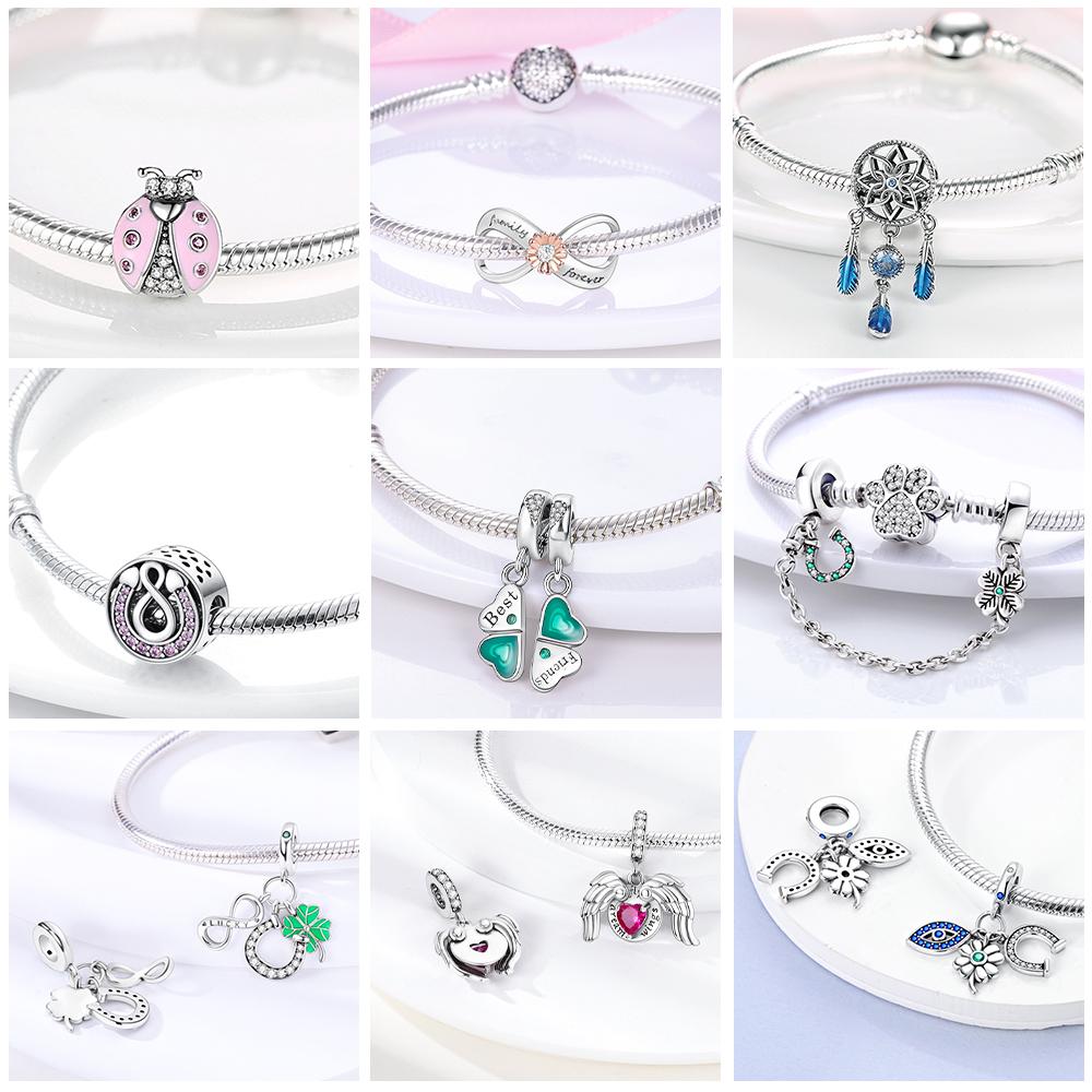 Copper Plated Dream Net Charms Beads Lucky Clover Horseshoe Dangle Fit Charm Bracelet Plata De Ley Original Jewelry Women Gift