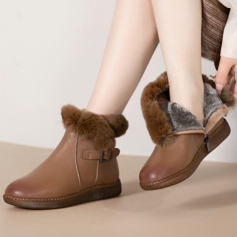 Fashion Leather Flat Waterproof Round Toe Women's Snow Boots Trend 2025 Booties Sale Furry Work Comfortable and Elegant Hot Ladies Shoes