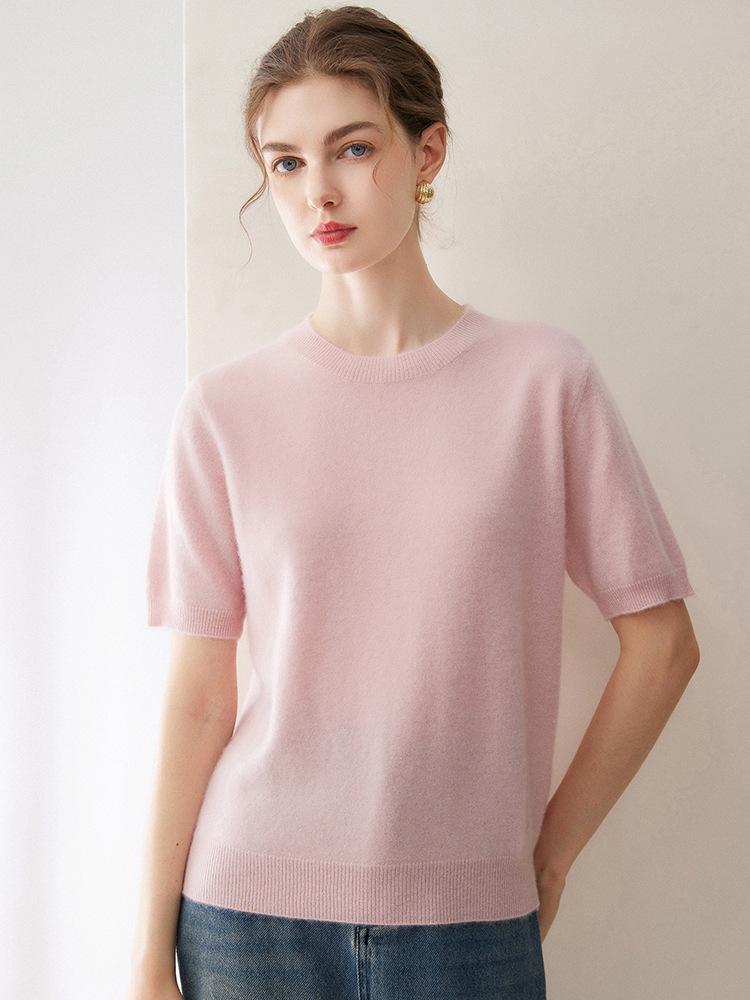 Twelve-Needle Women's Solid Cashmere Knit Pullover: Flat Round Neck, Short-Sleeved, Versatile Design