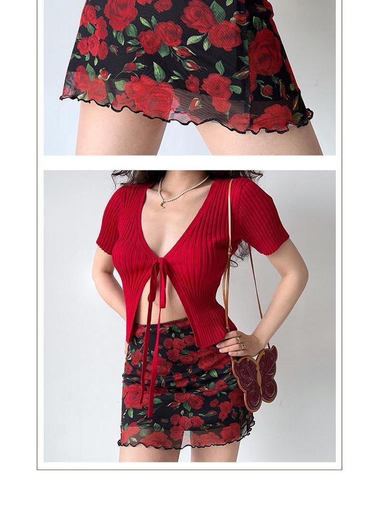 American Spicy Girl Rose Print Mesh High-Waisted Bodycon Mini Skirt for Women