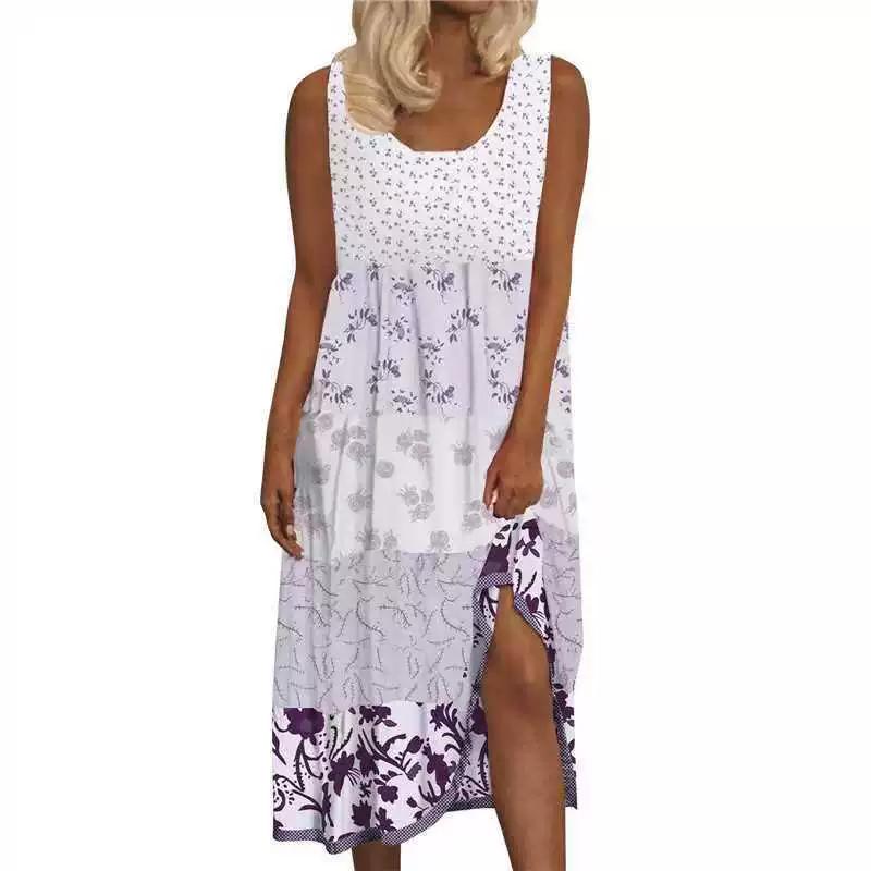 Sommer Damen Vintage Strandkleider Elegant O-Ausschnitt Ärmellos Locker Midi-Kleid Damen Lässig Patchwork Partykleid