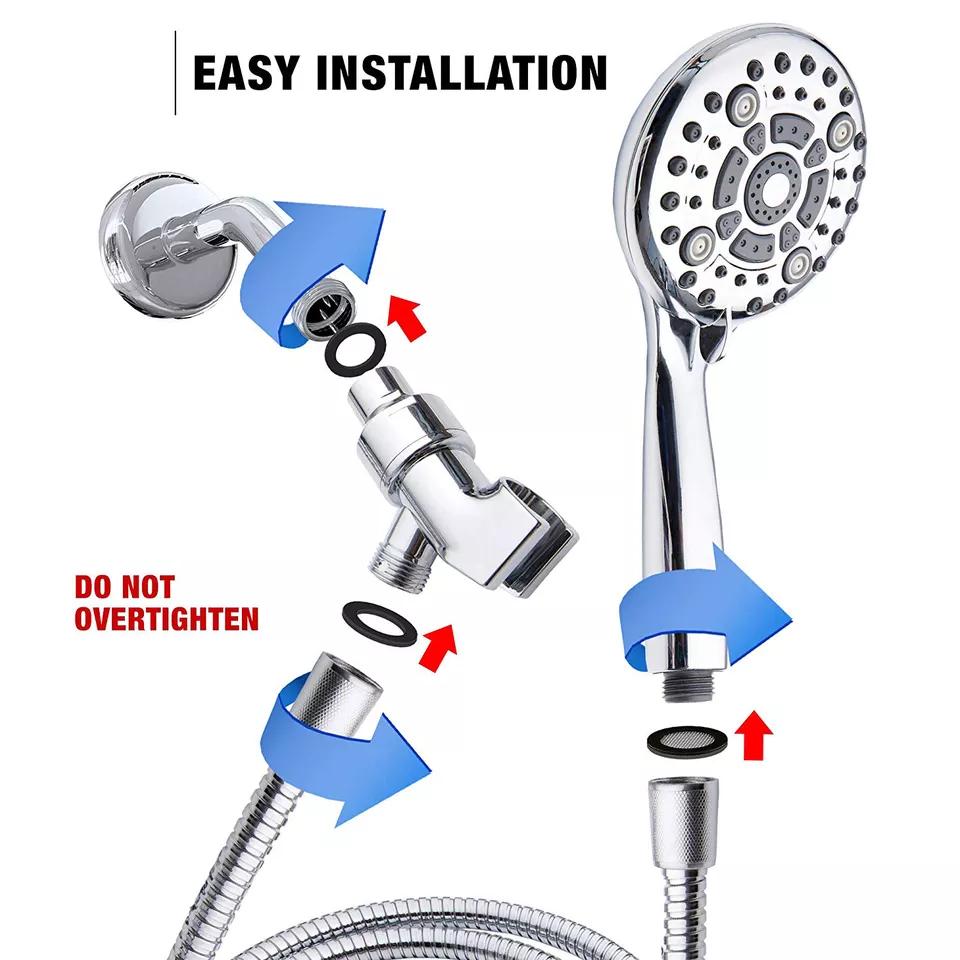 6 Functions High Pressure Chrome Water Saving Shower Mist Spray Bath Handheld Shower Head with Bracket and Hose for Bathroom