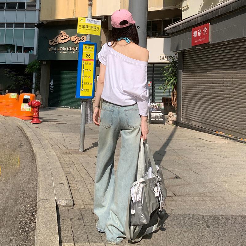 Lazy Ripped Jeans for Women Spring Loose Mid-waist Wide-leg Jeans for Women Wide-leg Jeans for Women Ripped Jeans for Women Slimming