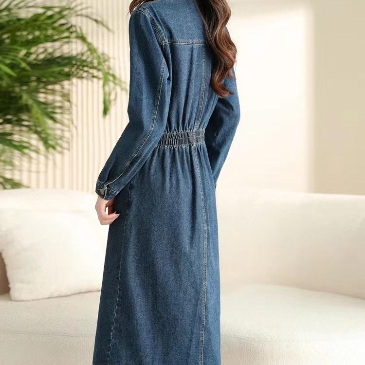 2024 Korean Slim Fit Retro Denim Shirt Dress for Women – Mid-Length Long Skirt