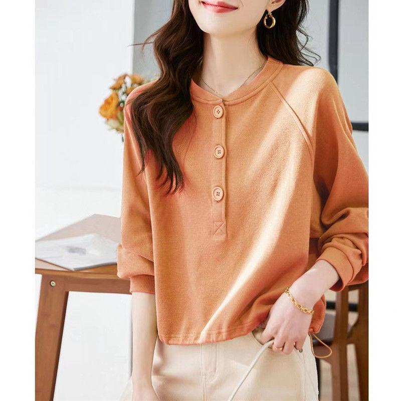 Simplicity Casual Autumn Pullovers T-shirt Women's O-Neck Solid Button Fashion Office Lady Loose Long Sleeve Sweatshirts Tops