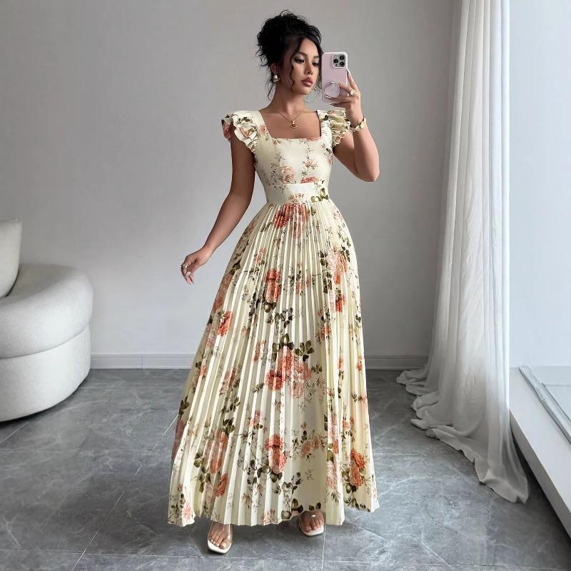 

Women s Dress Summer Rose Printed Square Collar Zipper Flying Sleeve Women s Long Dresses Elegant High Waist A Line Pleated Evening Party Lady Dress XL абрикосовий