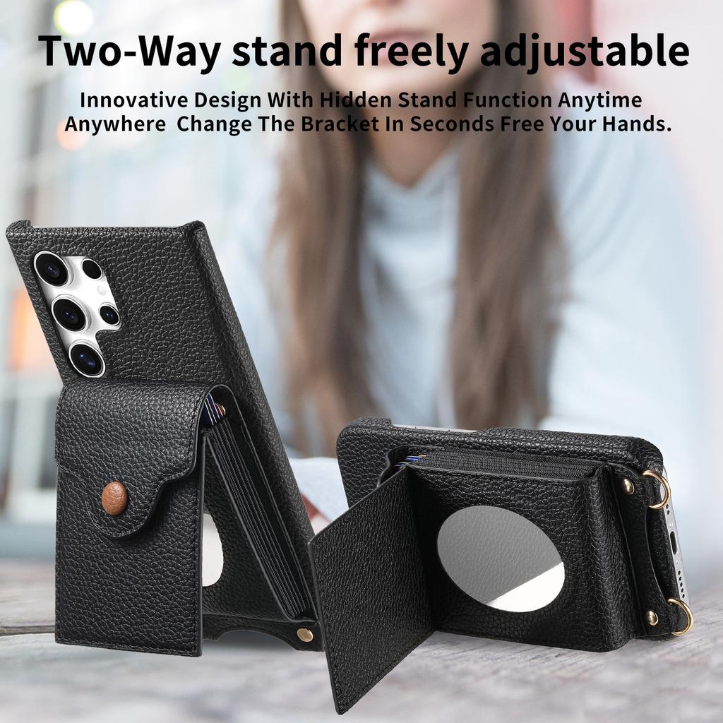 For Samsung Galaxy S23 Ultra Case Mirror Card Holder Litchi Texture Leather Phone Back Cover with Long Strap