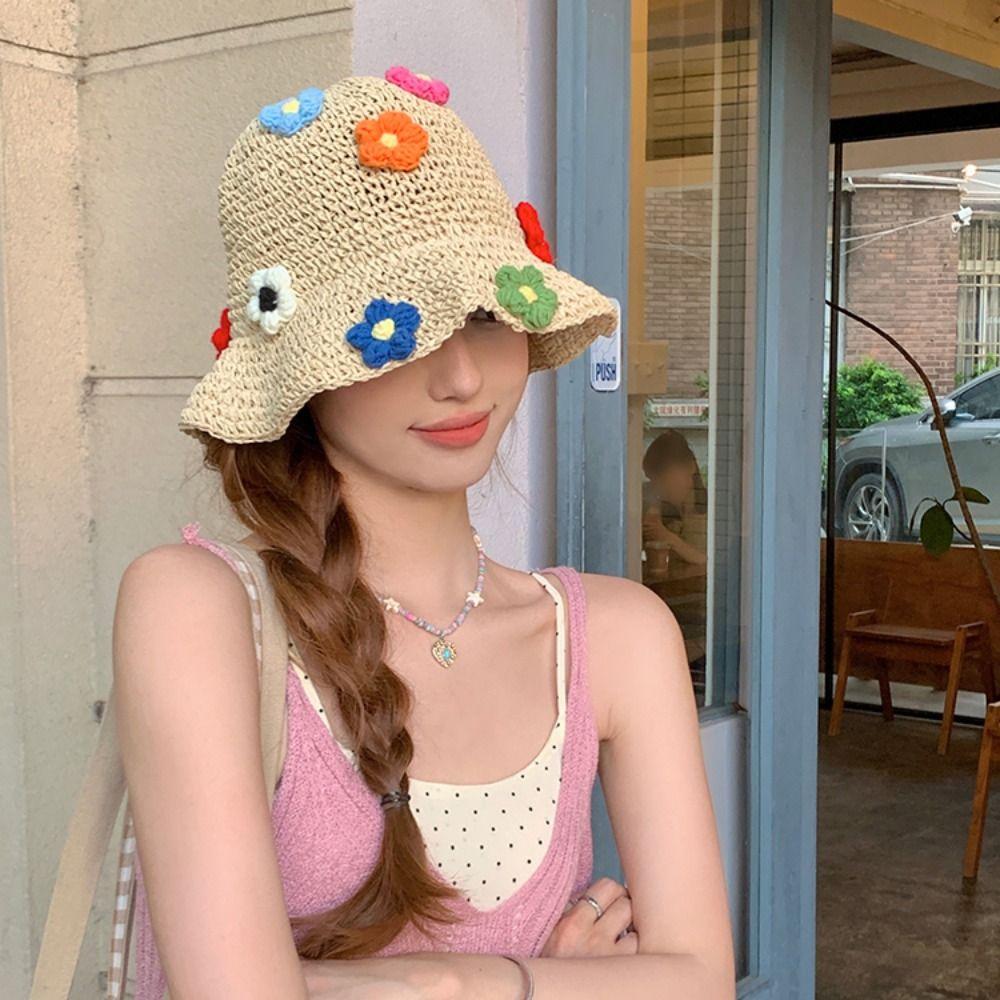 

Crochet Sweet Straw Hat Sunscreen Female Sunshade Hat Fashion Bucket Hat Summer
