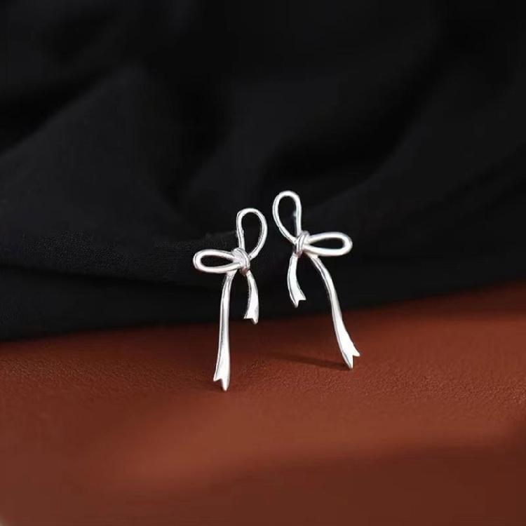 Silver Color Bowknot Drop Earrings for Women Girls Korean Hollow Bow Ear Studs