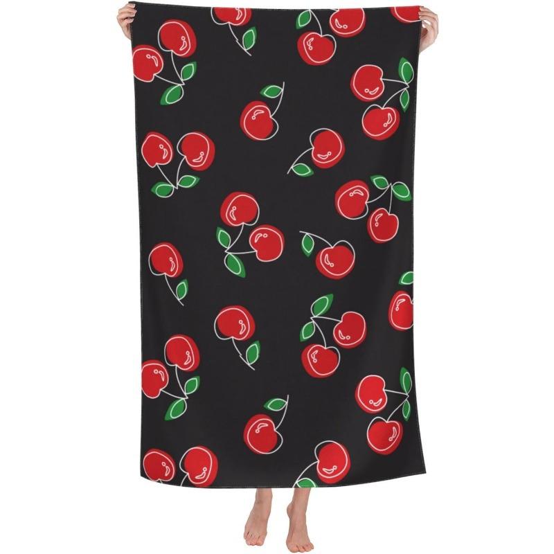 

Red Cherry Black Beach Towel, Soft Absorbent for Swimming Pool Camping Travel Picnic Sports W40*H60(CM)
