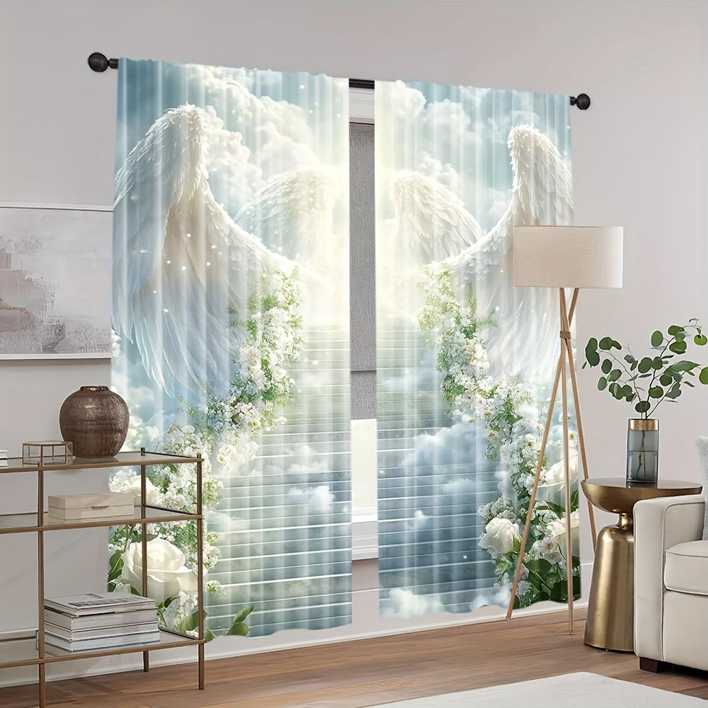 2pcs Shimmering White Angel Wings & Floral Curtains – for Kitchen   Caf   Office   Living Room & Bedroom Decor