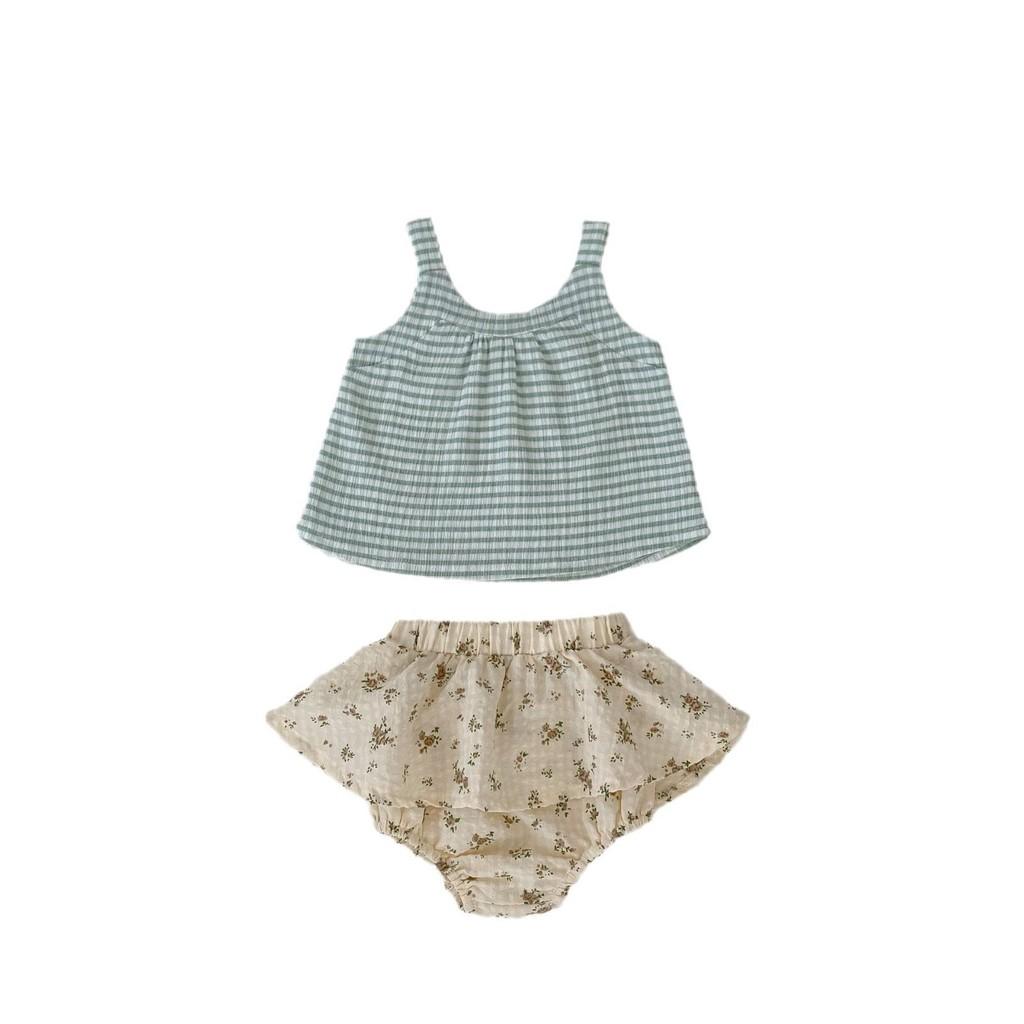 New 2024 Summer Baby Girl Cute Fresh Checkered Tank Top And Floral Skirt Shorts Set