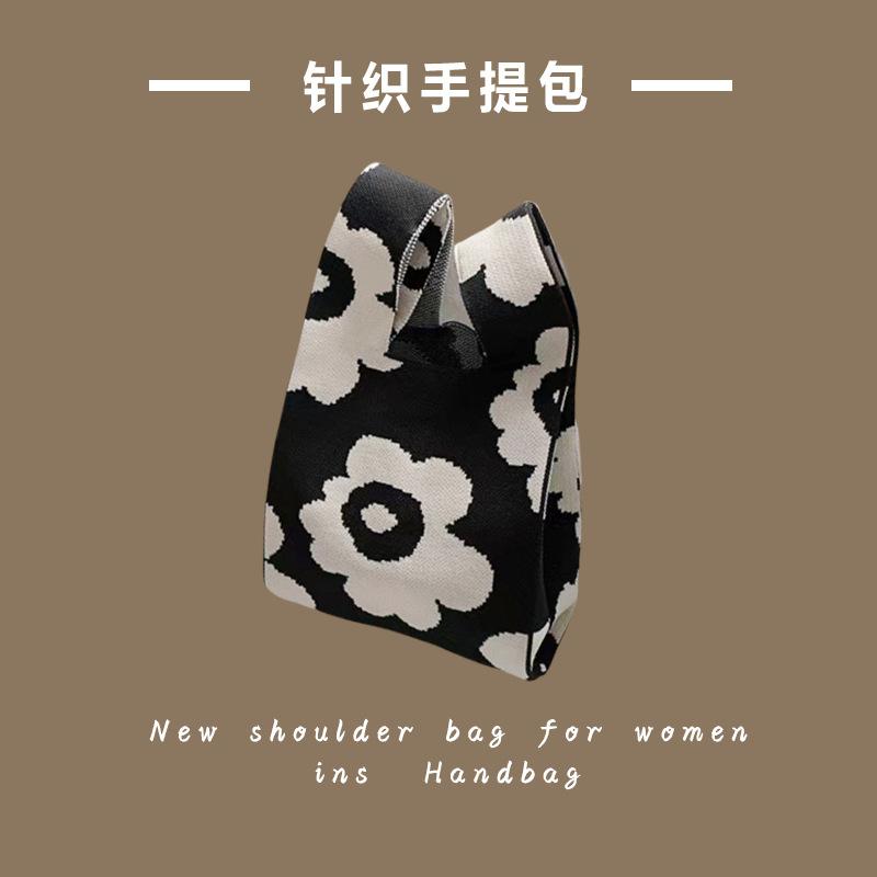 Ins Trendy Handbag Women'S Knitted Wool Bucket Bag Hand Carry Casual Tote Bag Box Lunch Bag