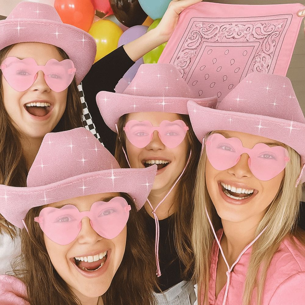 3pcs/Set Bandana Sparkling Powder Denim Hat Wide Brim Solid Color Western Cowboy Hat Heart Sunglasses 3pcs/Set Pink Cowboy Hat