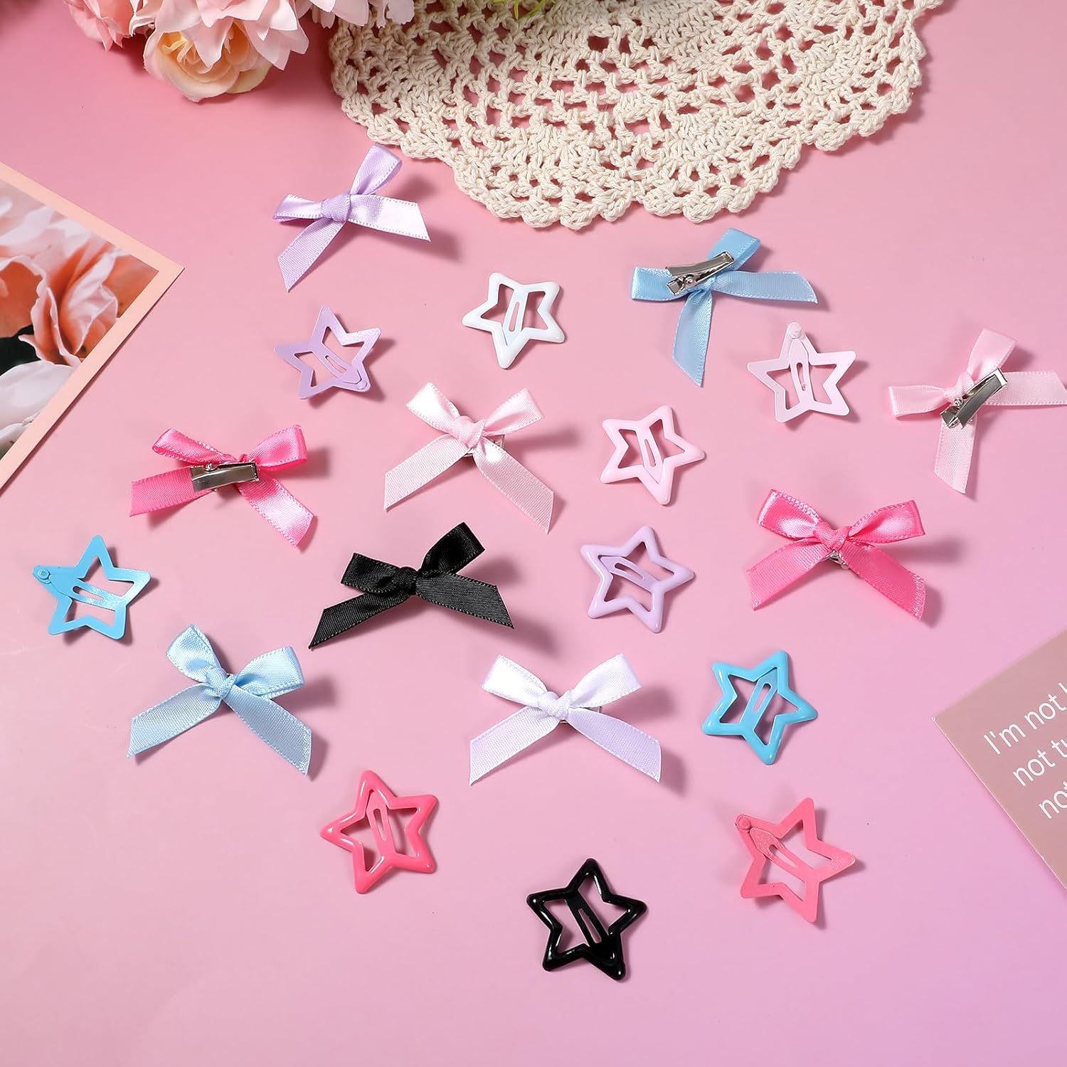 

48PCS Bow Hair Clips Snap Stars Hair Accessories Hairs Bow Metal Star Cute Satin Mini Hairs Bows Clips Non-Slip Y2K Star Barrettes Bowknot for Women
