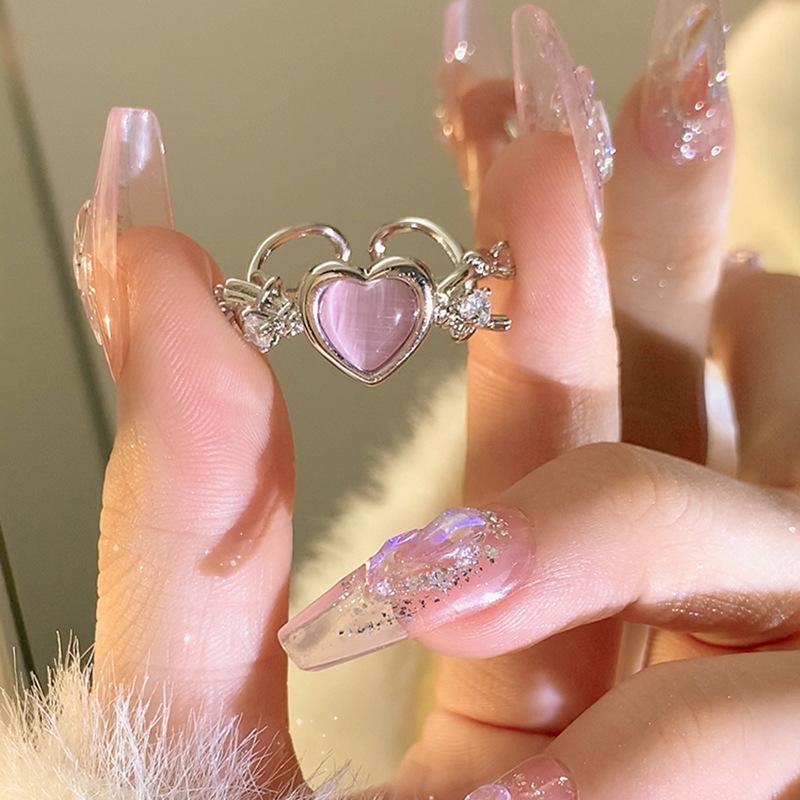 Kpop Pink Zircon Heart Open Ring For Women Girls Luxury Blue Opal Heart Couple Finger Rings Wedding Y2K Jewelry