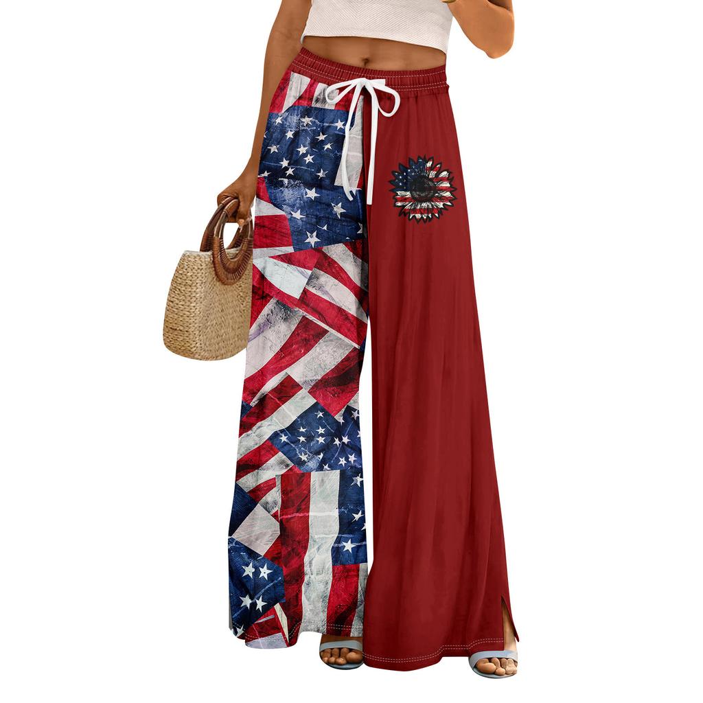 Women Summer Boho Palazzo Pants High Waist Wide Leg Independence Printing Casual Trousers With Pockets