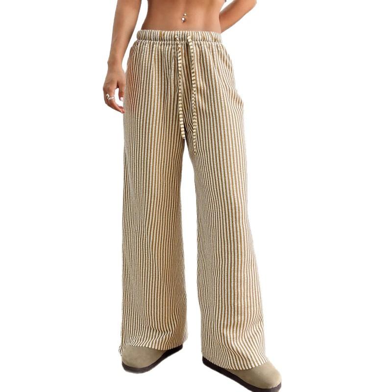Womens Striped Wide Leg Pants With Drawstring Waist Elastic High-Waist Loose Fit Casual Trousers 2025