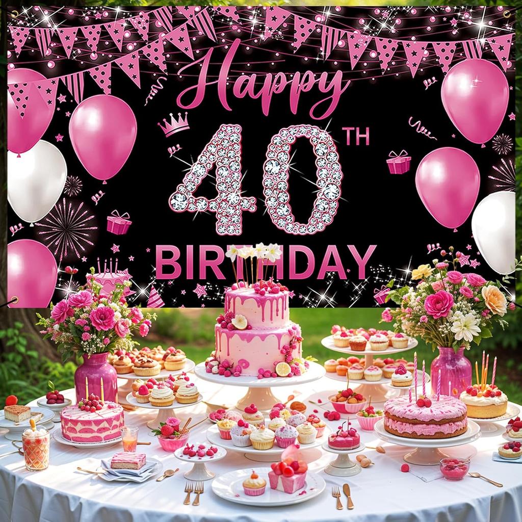 Fabric 40th Birthday Banner Backdrop Hot Pink, Happy 40th Birthday Decoration for Women, 40 Year Old Birthday Party Yard Sign Photo Props Decor