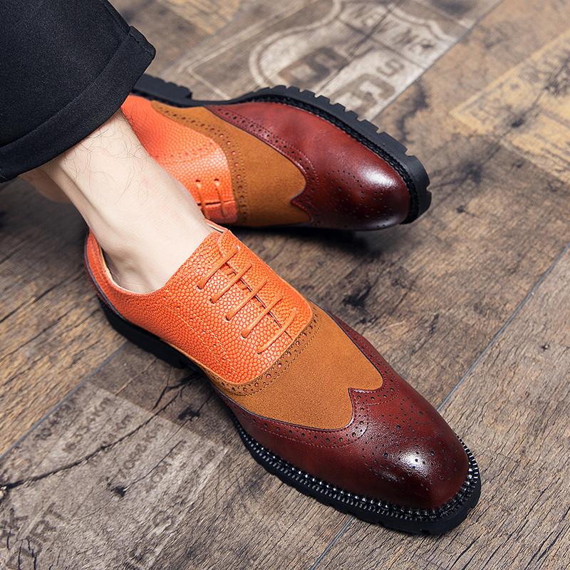 British Style Fashion Orange Men'S Brogue Shoes Large Size 47 Pointed Leather Shoes Casual Men Low-Heel Formal Shoes For Men