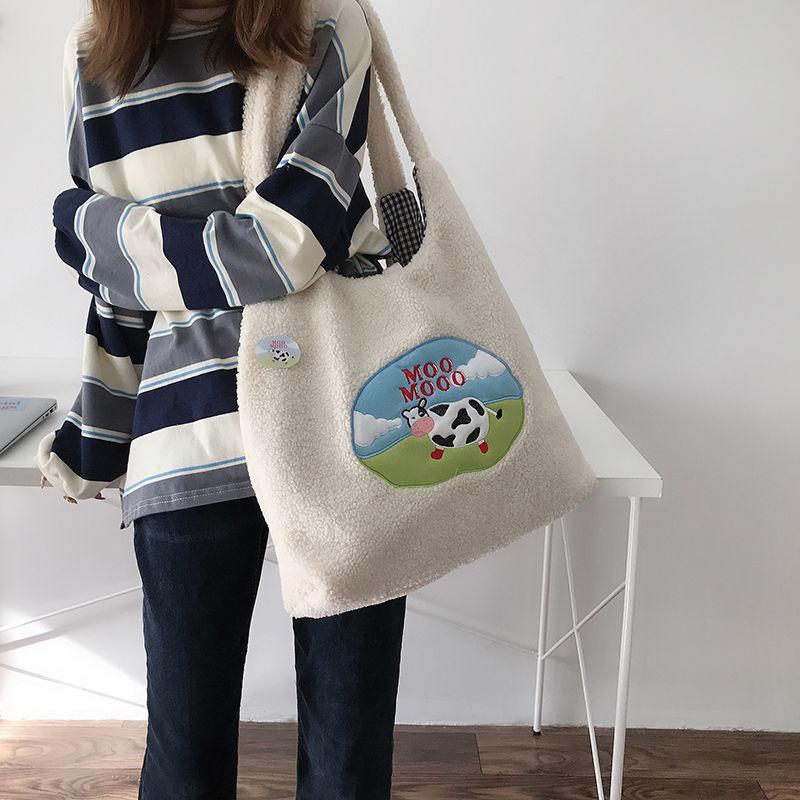 Lamb Plush Bear Embroidery Handbag Large Capacity Multi Functional Shoulder Bag Plush Versatile Casual Student Cute Schoolbag