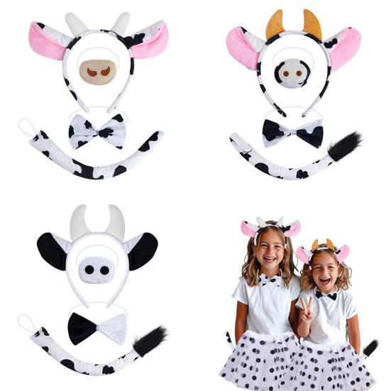 Cow Ears Hair Hoop Set with Bendable Tail Adults Teens Farm Animal Costume Set Black White Cow Accessories