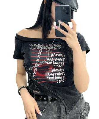 WEGO Figments ROCK ROLL Krátke Letné Kórejská Veľkosť Čierne & Odhalené Ramená Tričko, Rukáv, Vrchný Diel, Streetwear, Dámske, F,