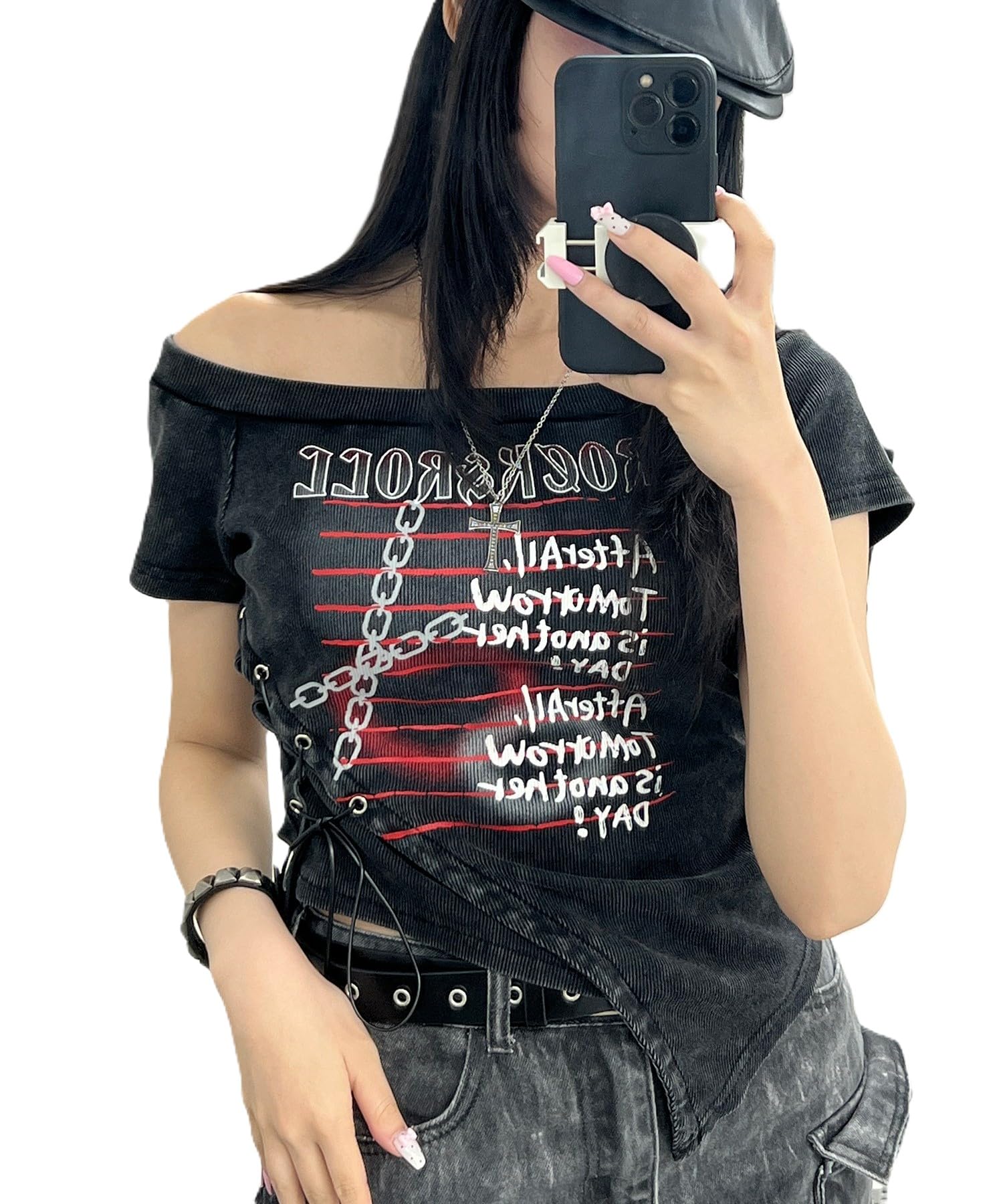 

WEGO Figments ROCK ROLL Short Summer Korean Size Black & Off-the-Shoulder T-Shirt, Sleeve, Top, Streetwear, Women s, F, чёрный