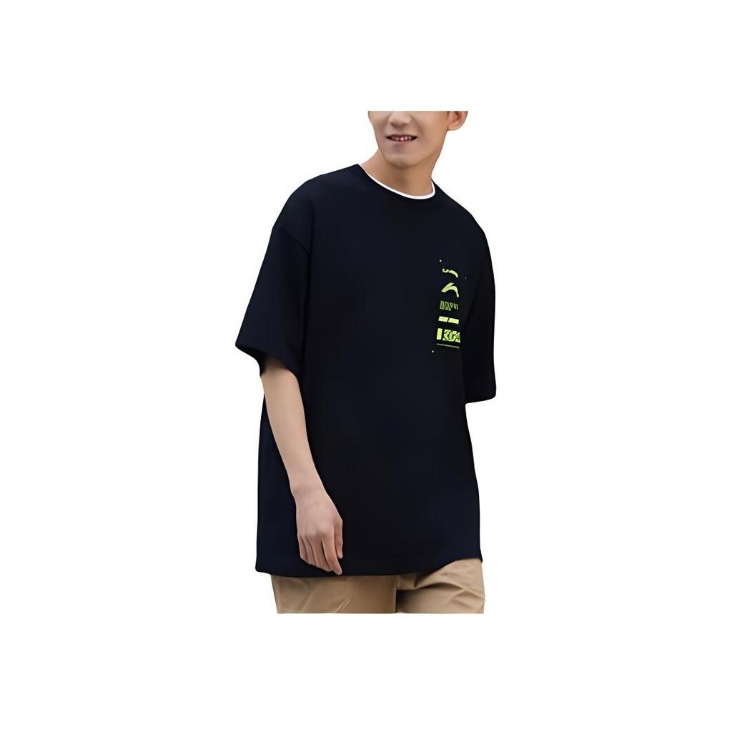 Li Ning Sports Lifestyle Series Solid Color Logo Micro Label Round Neck Casual Short Sleeve T-Shirt Unisex Tops Black AHSS871-2