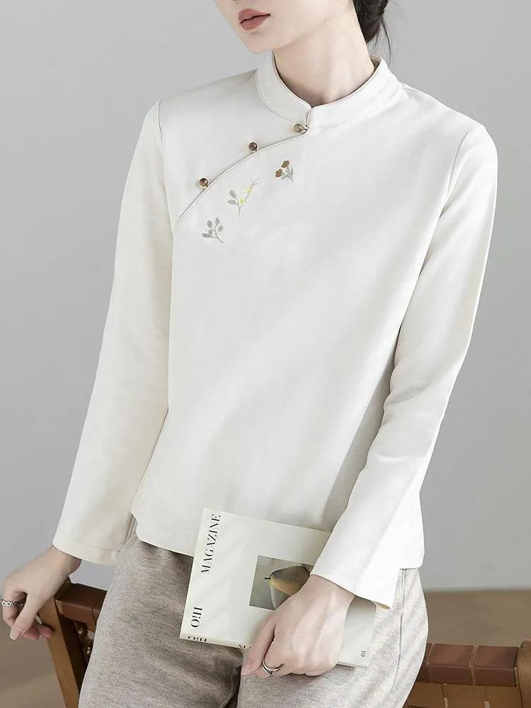 Women S Long Sleeve Stand Collar Embroidered Chinese Style Shirt M