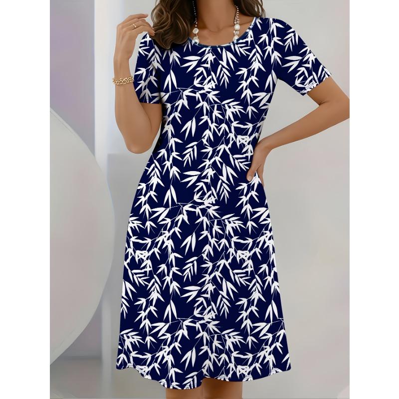 

Women s Plus Size Leaf Print Short Sleeve Dress 5XL