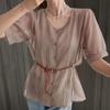 New ArrivalS Open Run Women S Summer Office Look Stripe Sheer Belt blouSe