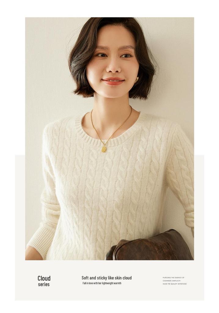 Women's Retro Cable Knit Cashmere Pullover Sweater, Round Neck, Slim-Fit, Autumn/Winter 2024 Collection