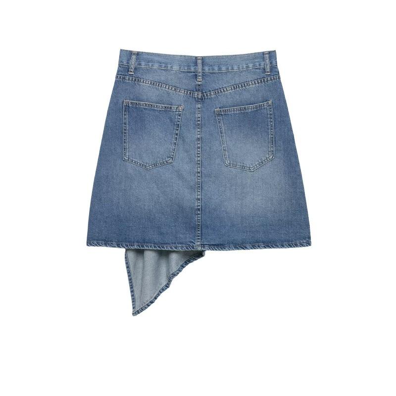 Womens Asymmetrical Double-Placket Waist Denim Midi Skirt 2026 Fall Casual Korean Style With Pocket