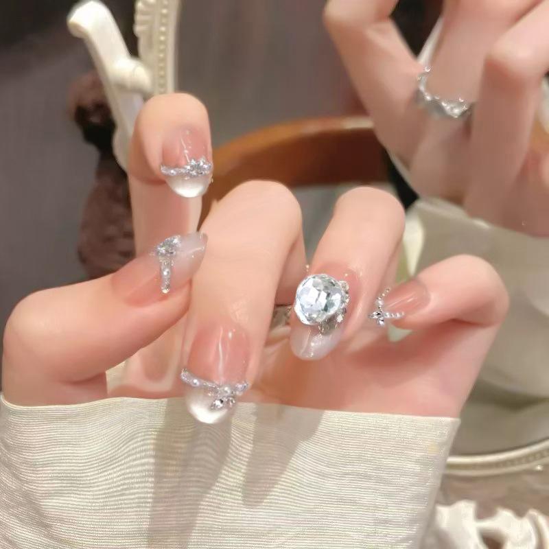 Explosive Cat's Eye French Pearl Pile Diamond Fashionable Sweet Girl European and American Ins Style Removable Nail Art 30 Pieces