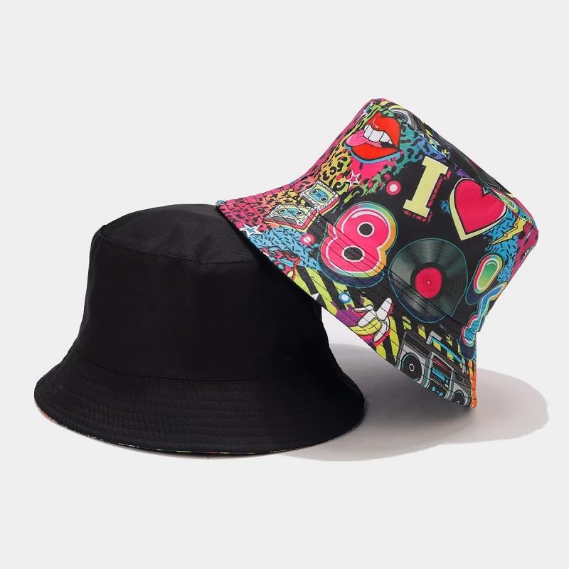 Europäischer und Amerikanischer Retro Klassiker 80er 90er Party Fischerhut Unisex Mode Graffiti Wendbarer Fischerhut