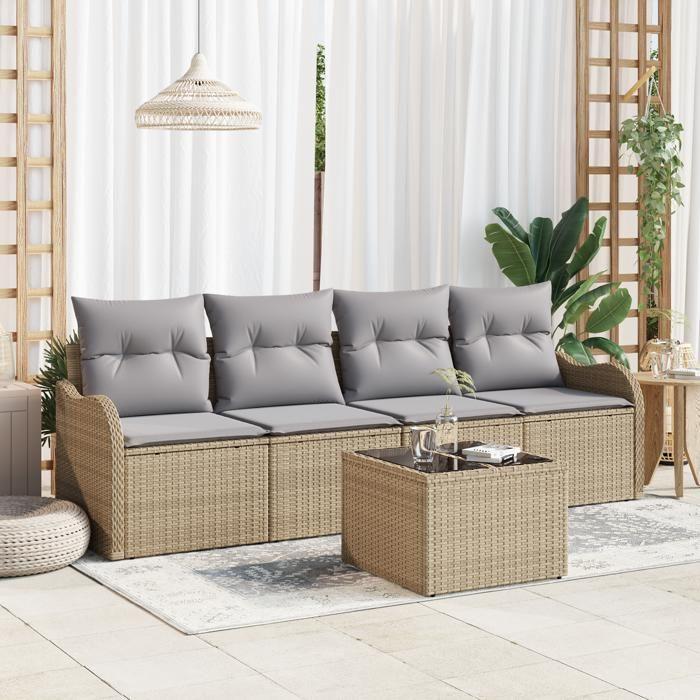 Canapé de Jardin 5 Pièces avec Coussins Beige Rotin Poly, Canapé de Jardin 2 Places avec Rangement et Coussins Beige Rotin 3354239
