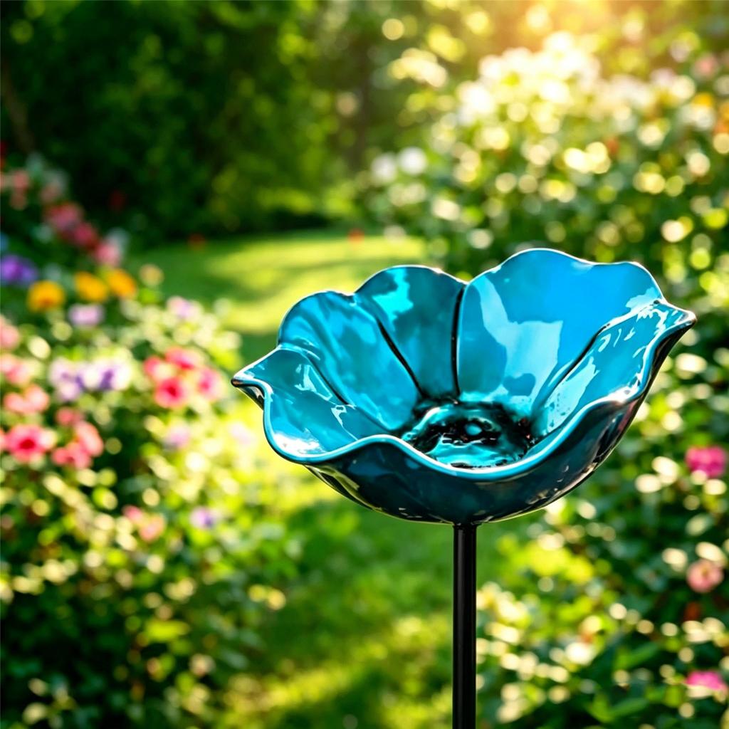 Metal Garden Bee Bath 23.62in Handmade Pollinator Water Station with Bird Bath and Flower Design Outdoor Yard Decor for Bees and Birds Blue