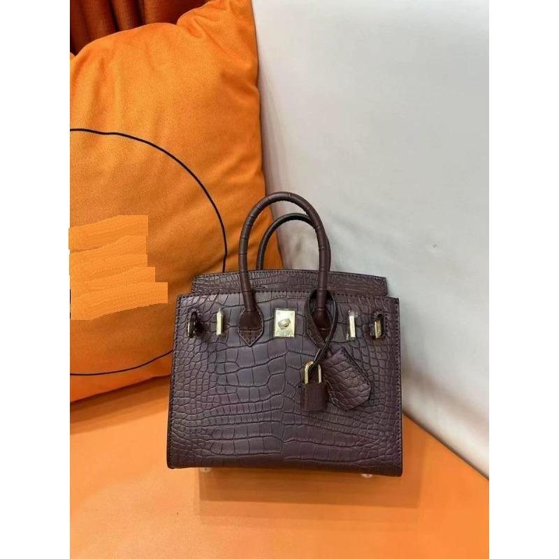2025 New Genuine Leather Women's Bag Foggy Crocodile Skin Wax Thread Platinum Bag Handheld Women's Bag Cross Border